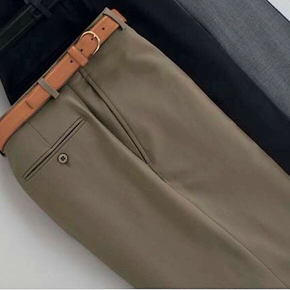 Zanella 100% wool gabardine flat front trousers 35” waist, 32” inseam olive - Picture 1 of 9